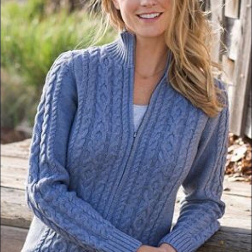 L. L. Bean double cable zip front 100% cotton cardigan periwinkle blue
